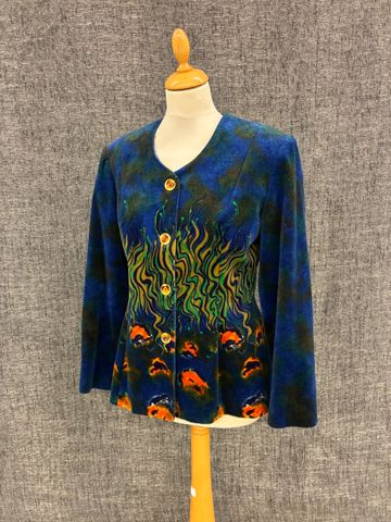 DIDIER PARAKIAN – Veste en velours bleu imprimée de motifs corail...
