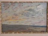 an image of a painting of a sky with clouds above a field