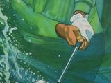 a painting of a man holding a golf club in the water