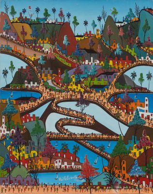 an image of a painting of a town with a river running through it