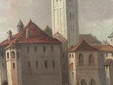 a painting of a city with a clock tower in the background