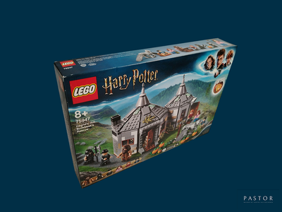 une boîte de Lego représentant la maison d'Harry Potter sur fond bleu