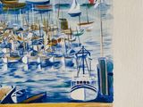 a painting of boats in a harbor on the water