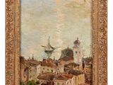 une image représentant une peinture d'une ville avec un voilier en arrière-plan