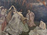 a painting of a group of women dancing in a forest