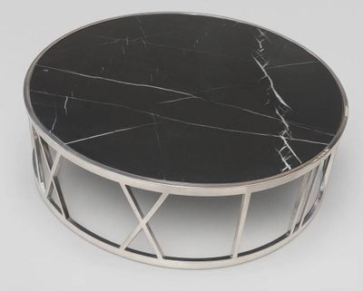 table basse avec plateau en marbre noir et piètement en métal argenté