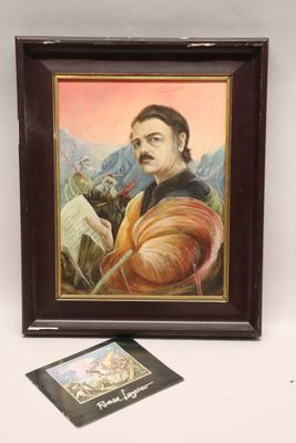 painting of a man reading a book with a picture of him in the background