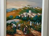 un tableau représentant un groupe de personnes en train de cueillir des oranges