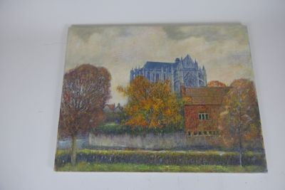 an oil painting of a castle on a hill with trees in the foreground