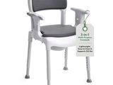 a white chair with a gray seat and a tag on it