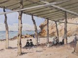 a painting of a group of people sitting under a shelter on the beach