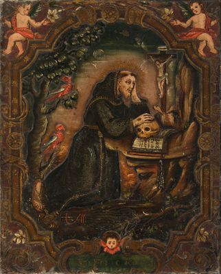 un tableau représentant un homme assis à une table sur laquelle se trouve un oiseau