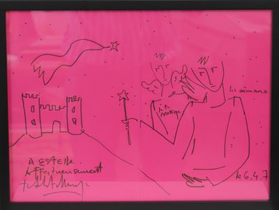 drawing of a woman sitting at a table in front of a pink wall