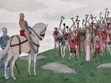 a painting of a man on a horse leading a group of people