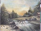 un tableau représentant un ruisseau de montagne traversant une forêt