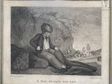 a drawing of a man sitting on a rock