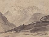 dessin représentant une chaîne de montagnes avec une maison au loin