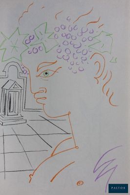 un dessin représentant un homme avec des raisins sur la tête