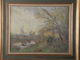 an oil painting of a landscape with a river in the foreground