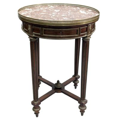 une image représentant une table ronde avec un plateau en marbre et des pieds en bois