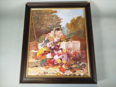 une photo d'un tableau représentant une femme avec un panier de fleurs