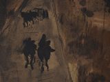 a painting of a group of people riding horses down a road