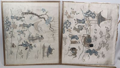 pair of antique chinese silk paintings with birds and flowers on them