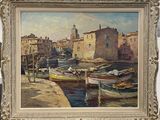 a painting of a harbor scene with boats on the water