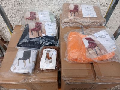 many boxes with different items in them on a pallet