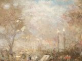 an oil painting of a river scene with a boat in the foreground