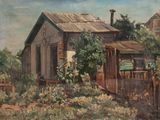 a painting of a small house in the middle of a field
