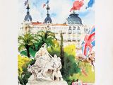 a watercolor painting of a statue in front of a building