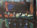 an oil painting of a man walking down a street next to a bridge