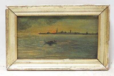 a painting of a boat in the water with a city in the background