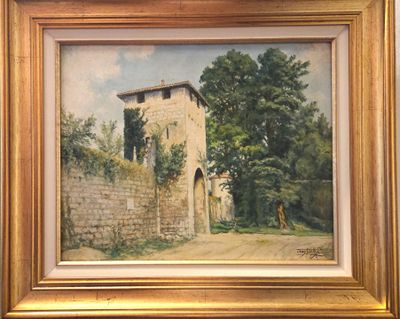 peinture représentant un vieux bâtiment en pierre avec un portail et des arbres en arrière-plan