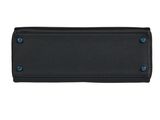 a black leather wallet with blue buttons on the front