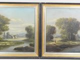 two paintings of a rural scene with a stream and a house