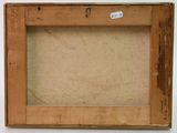 an old picture of a wooden frame with a sticker on it