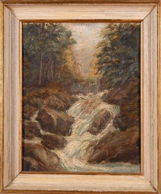 une peinture représentant une rivière dans une zone boisée, avec des rochers et des arbres