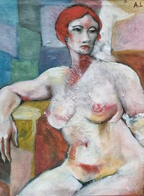 une peinture à l'huile représentant une femme assise sur une chaise, coiffée d'un chapeau rouge