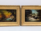two framed paintings of people sitting on a bench in a wooded setting