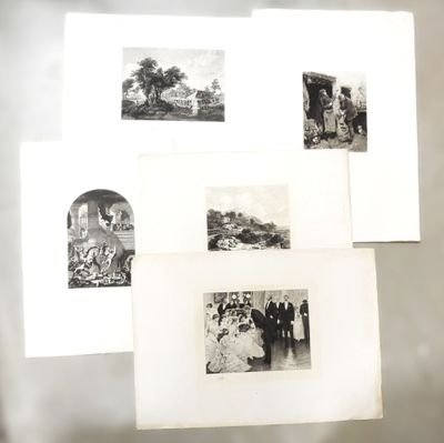four black and white photographs of people standing in front of a building
