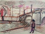 drawing of a person standing in front of a drawing of a bridge