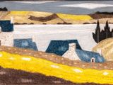 an image of a painting of a landscape with a house and a field