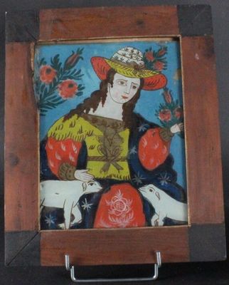Femme aux deux agneaux Peinture sur verre Dim.