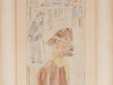 an old drawing of a man with a hat and a dog