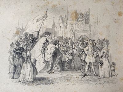 un vieux dessin représentant un groupe de personnes debout devant un bâtiment