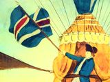a painting of a man flying a kite with a flag
