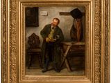 un tableau représentant un homme assis à une table dans une pièce