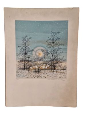 un tableau représentant un paysage enneigé avec des arbres et une pleine lune